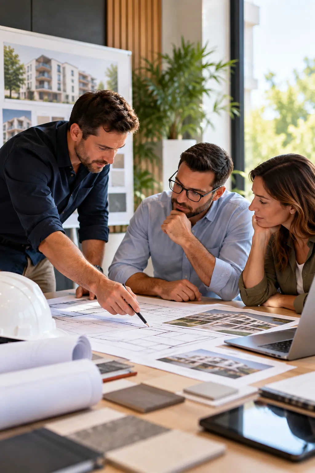 Réunion de travail autour de plans de rénovation d'un immeuble, avec casque de chantier et échantillons de matériaux